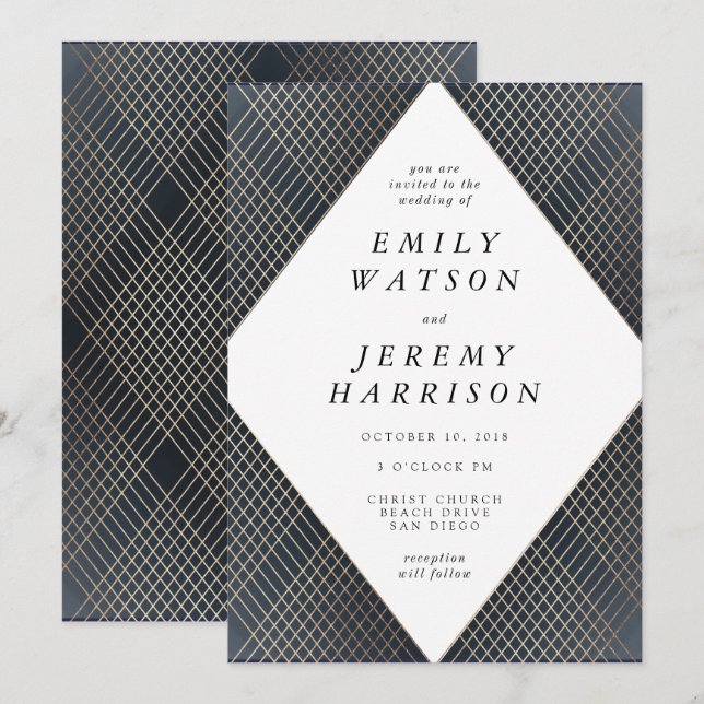 Invitation Diamant Géométrique Marine Déco Gold Gatsby Mariag (Devant / Derrière)