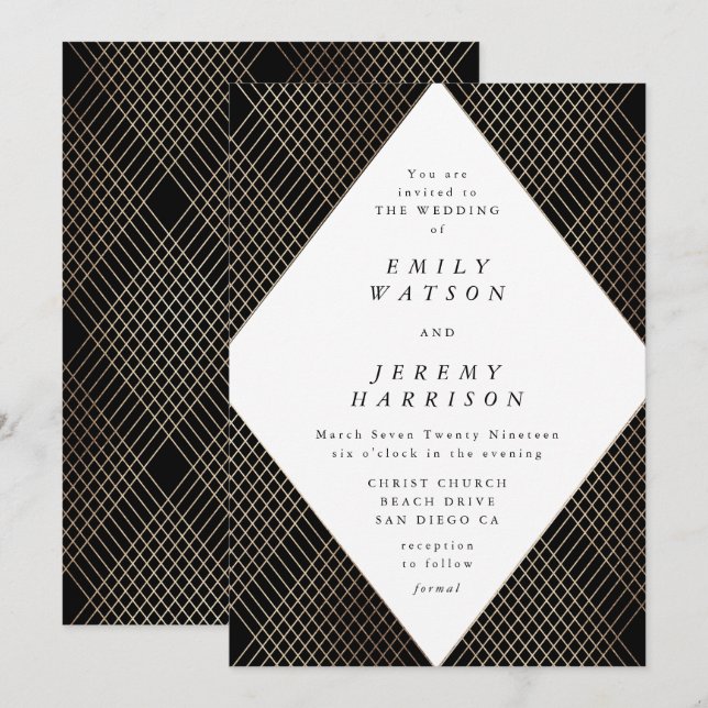 Invitation Diamant Géométrique Noir Déco Gold Gatsby Mariage (Devant / Derrière)