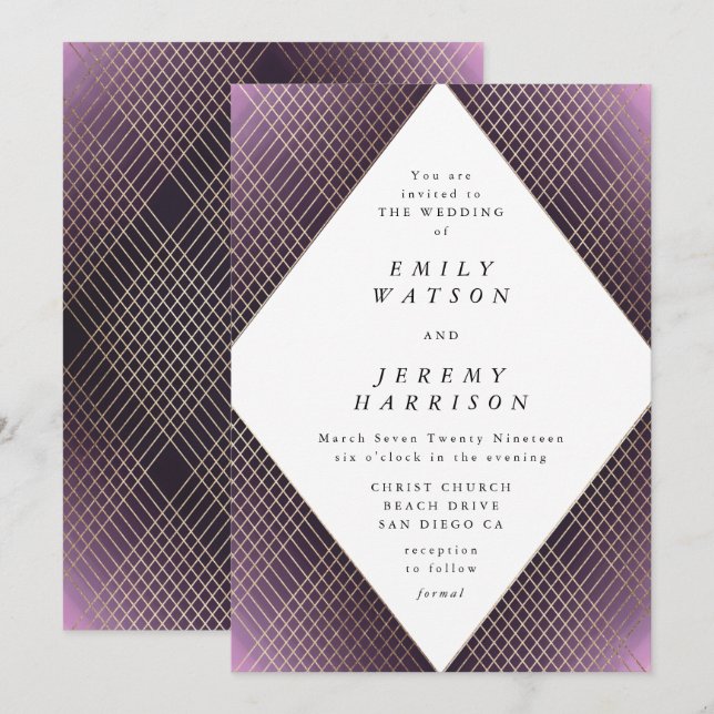 Invitation Diamant Géométrique violet Déco Gold Gatsby Mariag (Devant / Derrière)