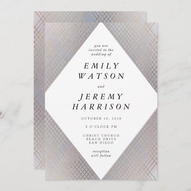 Invitation Diamant Gray Déco Gray Or Gatsby Mariage (Devant / Derrière)