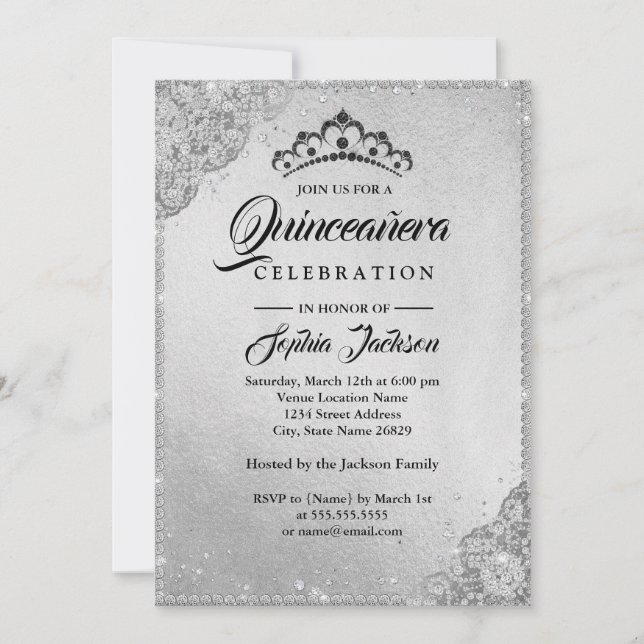 Invitation Diamant Lace Sparkle Argent Quinceanera (Devant)
