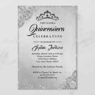 Invitation Diamant Lace Sparkle Argent Quinceanera