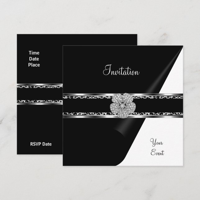 Invitation Diamant Léopard Bijou Noir Nœud Argent (Devant / Derrière)