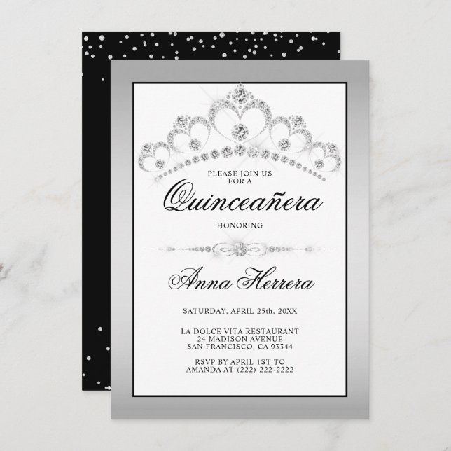 Invitation Diamant moderne Tiara noir blanc QUINCEAÑERA (Devant / Derrière)