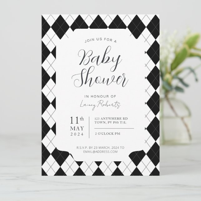 Invitation Diamant Noir et Blanc Argyle Genre Neutre (Debout devant)