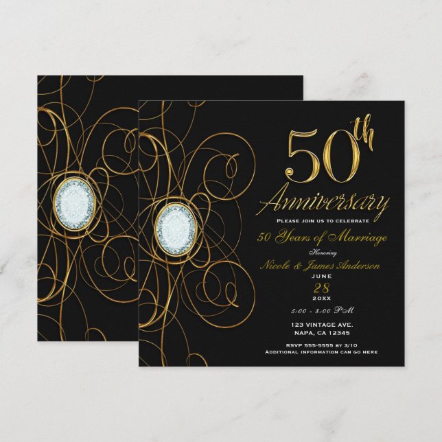 Invitation Diamant noir et or 50 50e Anniversaire chic (Devant / Derrière)