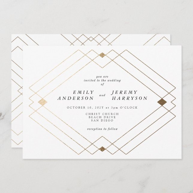 Invitation Diamant Or Blanc Géométrique Mariage Gatsby (Devant / Derrière)