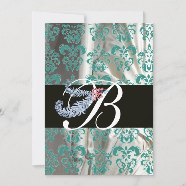 INVITATION DIAMANT PLUME BLEU BLANC SOIE DAMAS MONOGRAMME (Devant)