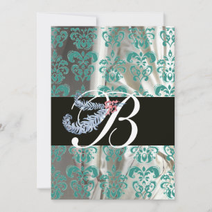 INVITATION DIAMANT PLUME BLEU BLANC SOIE DAMAS MONOGRAMME