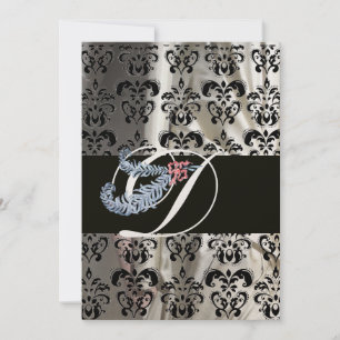 INVITATION DIAMANT PLUME OR NOIR SOIE DAMASSÉ MONOGRAMME