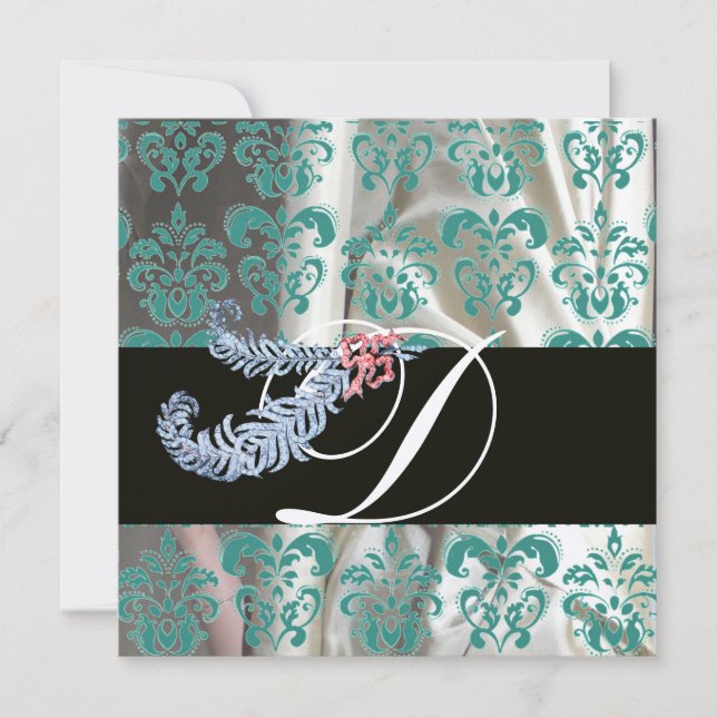 INVITATION DIAMANT PLUMES BLANC SOIE BLEU DAMAS MONOGRAMME (Devant)