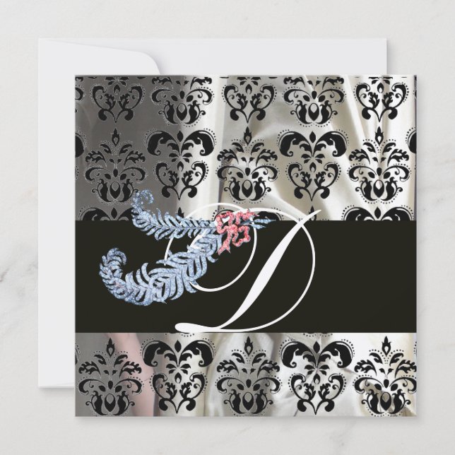 INVITATION DIAMANT PLUMES BLANC SOIE NOIR DAMASSÉ MONOGRAMME (Devant)
