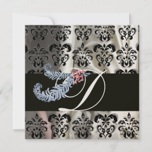 INVITATION DIAMANT PLUMES BLANC SOIE NOIR DAMASSÉ MONOGRAMME