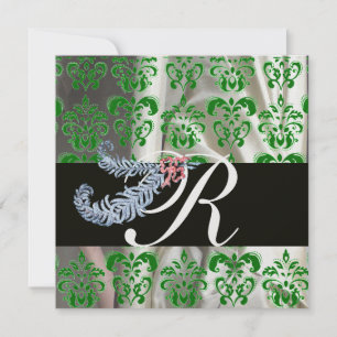 INVITATION DIAMANT PLUMES GLACE VERTE SOIE DAMAS MONOGRAMME