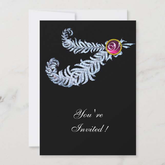 Invitation DIAMANT PLUMES MONOGRAMME, rubis rouge, rose (Devant)