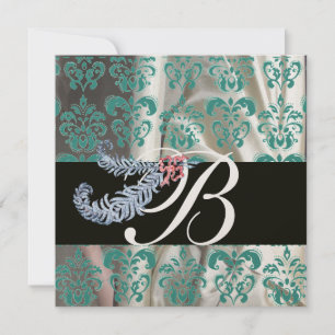 INVITATION DIAMANT PLUMES OR BLEU SOIE DAMASSÉ MONOGRAMME