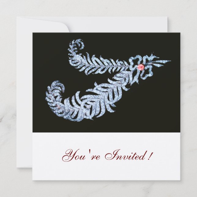 Invitation DIAMANT PLUMES,RUBAN ROSE Mariage Noir Blanc (Devant)