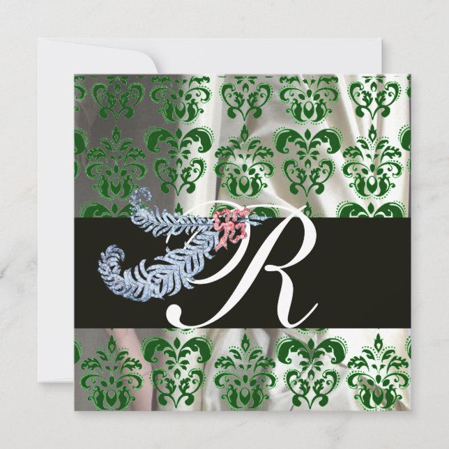 INVITATION DIAMANT PLUMES VERT BLANC SOIE DAMASSÉE MONOGRAMME (Devant)