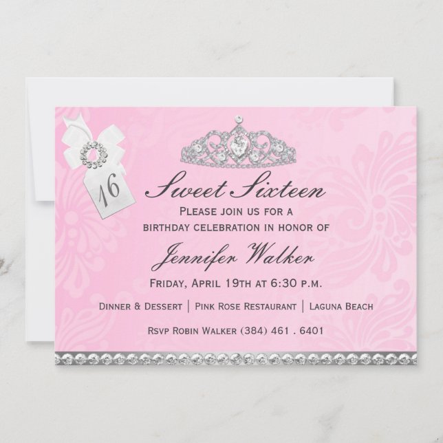 Invitation Diamant rose et argent Tiara Sweet sixteen Invitat (Devant)
