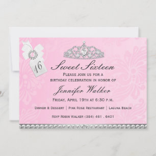 Invitation Diamant rose et argent Tiara Sweet sixteen Invitat