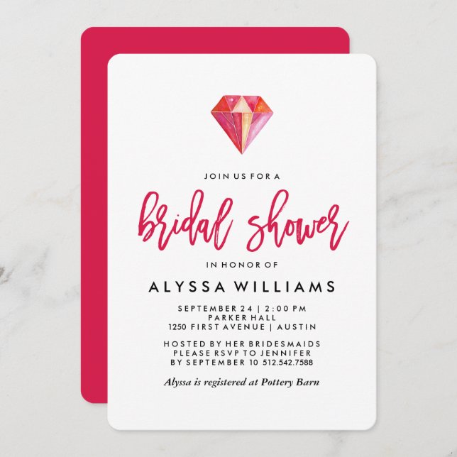 Invitation Diamant rose| Fête de l'mariée de gemme aquarelle (Devant / Derrière)