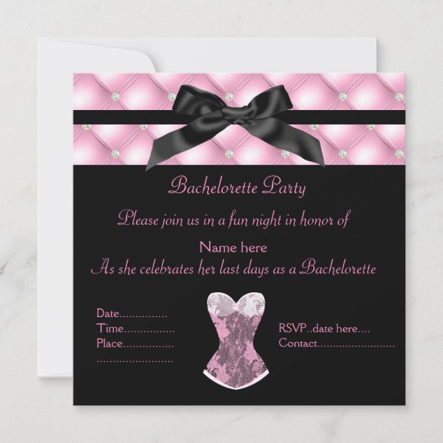 Invitation Diamant rose nouveau design corset noir chic (Devant)