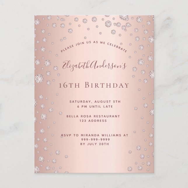 Invitation diamant rose or pour fête des 16 ans (Devant)