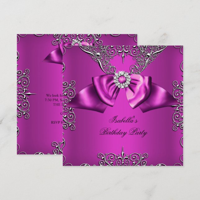 Invitation Diamant Rose Ruban Argent Élégant Anniversaire (Devant / Derrière)