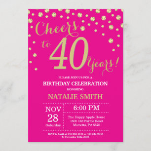 Invitation Diamant rose vif et or pour 40e anniversaire