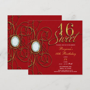 Invitation Diamant rouge et or Sweet 16 Anniversaire