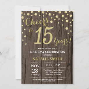 Invitation Diamant Rustique Bois Or 15e Anniversaire