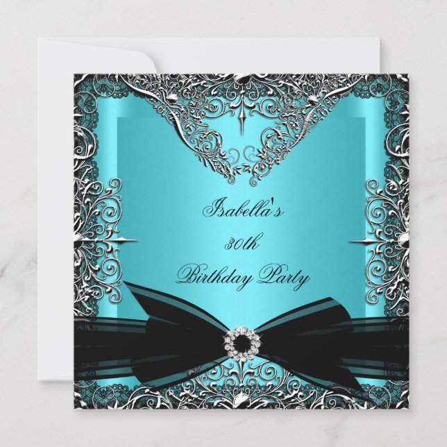 Invitation Diamant Sarcelle Bleu Noir Nœud Argent Fête d'anni (Devant)
