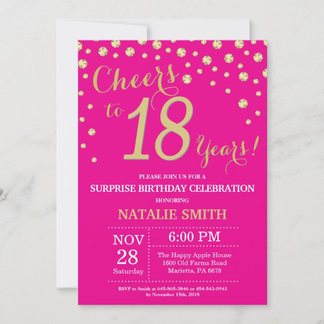 Invitation Diamant Surprise 18e Anniversaire Rose Chaud et Or (Devant)