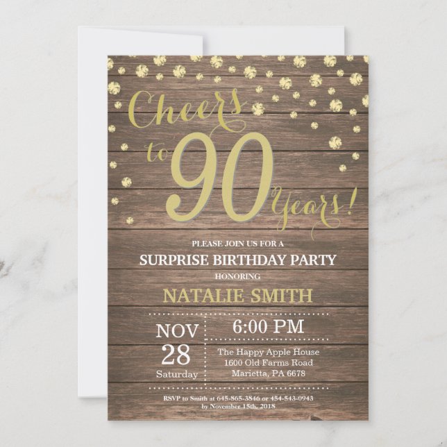 Invitation Diamant Surprise Bois Rustique Or 90e Anniversaire (Devant)