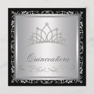 Invitation Diamant Tiara Black Damask Quinceanera