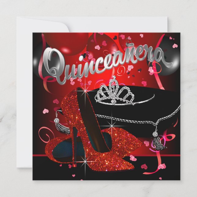 Invitation Diamant Tiara Quinceanera rouge et noire (Devant)