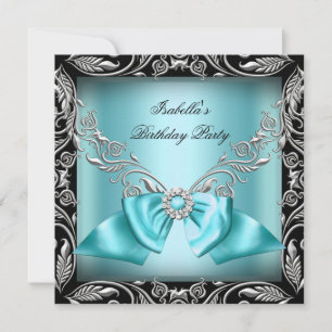 Invitation Diamant Turquoise Bleu Bow Argent Noir fête d'anni
