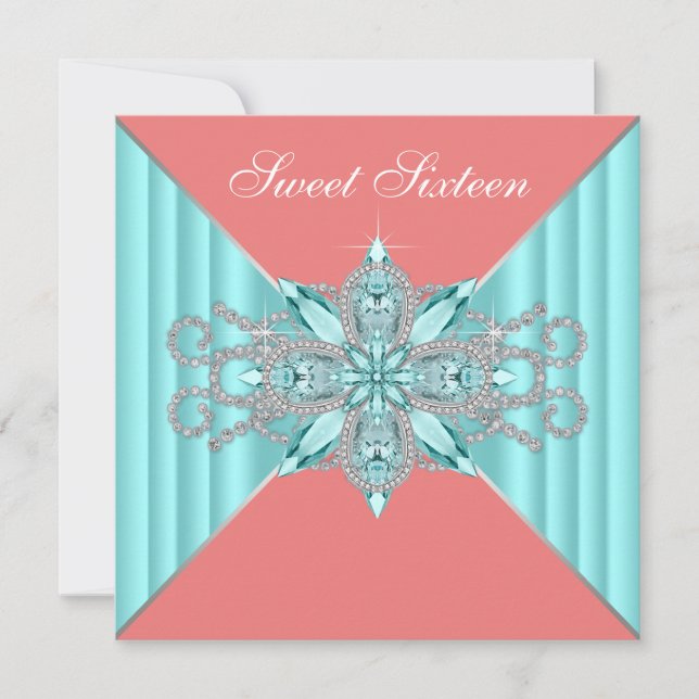 Invitation Diamant Turquoise Bleu Corail 16 ans Anniversaire (Devant)