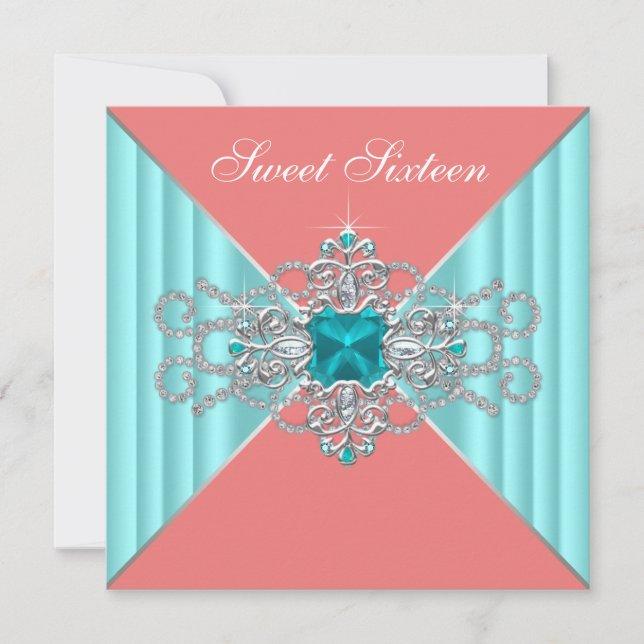 Invitation Diamant Turquoise Bleu Corail Anniversaire de 16 a (Devant)