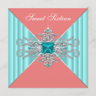 Invitation Diamant Turquoise Bleu Corail Anniversaire de 16 a