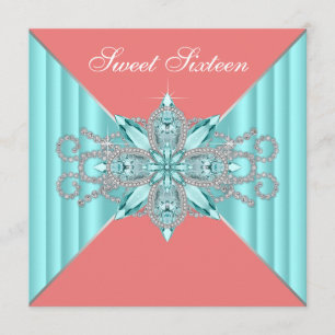 Invitation Diamant Turquoise Blue Coral Sweet 16 Anniversaire