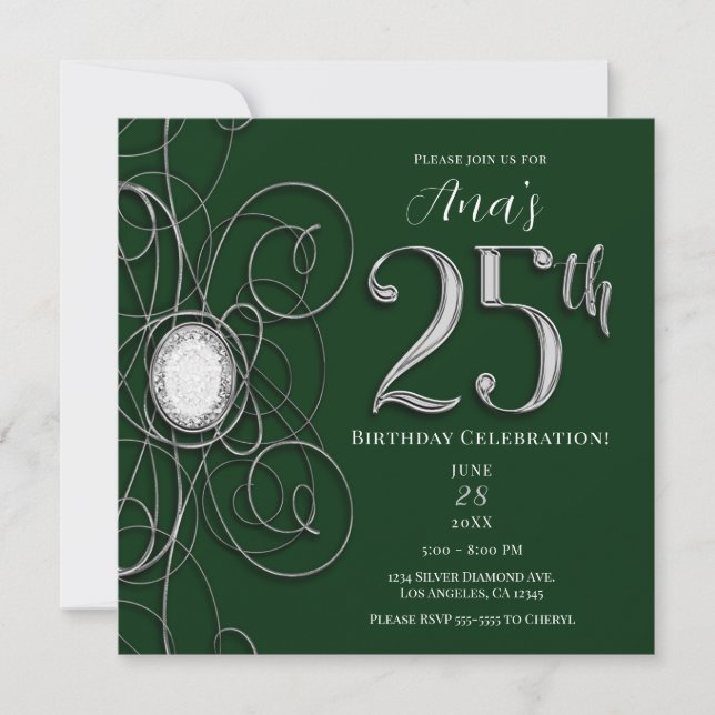 Invitation Diamant vert et argent 25 fête du 25e anniversaire (Devant)