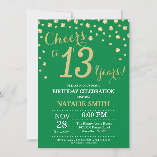 Invitation Diamant vert et or 13e anniversaire (Devant)