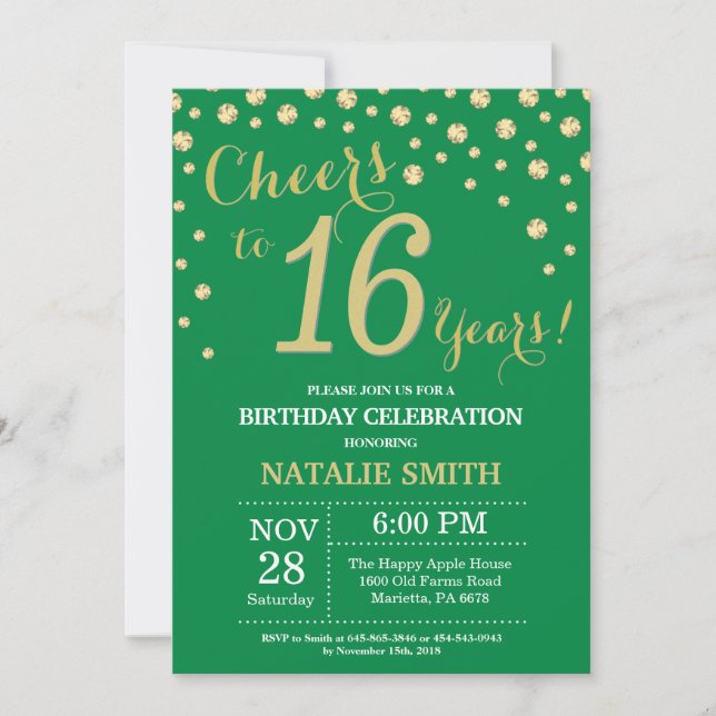 Invitation Diamant Vert et Or pour 16e Anniversaire (Devant)