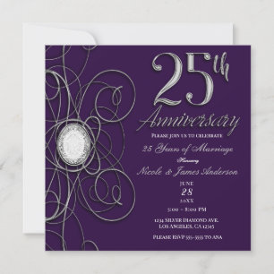 Invitation Diamant violet et argent 25 fête du 25e anniversai