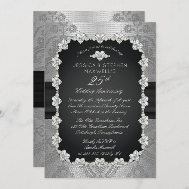 Invitation Diamants | 25e anniversaire du Mariage d'argent de (Devant / Derrière)