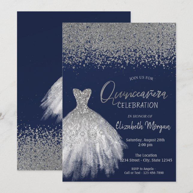 Invitation Diamants Argent, Robe à Paillettes Bleue pour Quin (Devant / Derrière)