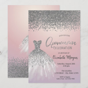 Invitation Diamants Argent, Robe à paillettes Rose Quinceañer