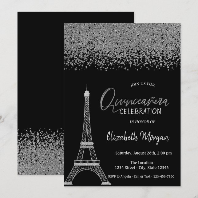 Invitation Diamants Argent, Tour Eiffel Noire Quinceañera (Devant / Derrière)