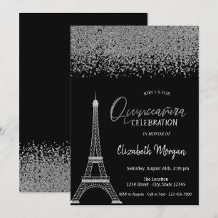Invitation Diamants Argent, Tour Eiffel Noire Quinceañera